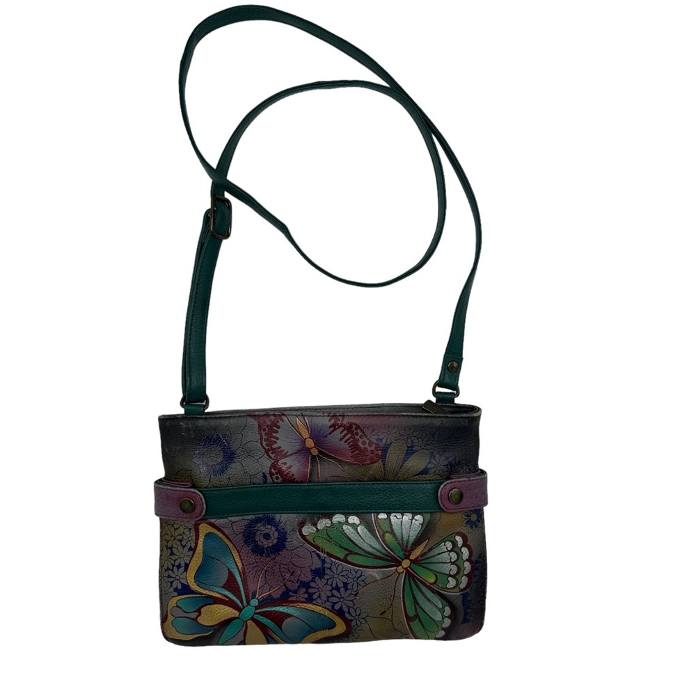 Anuschka Medium Butterfly Floral Painted Crossbody Leather Purse Shoulder Bag - Picture 2 of 13